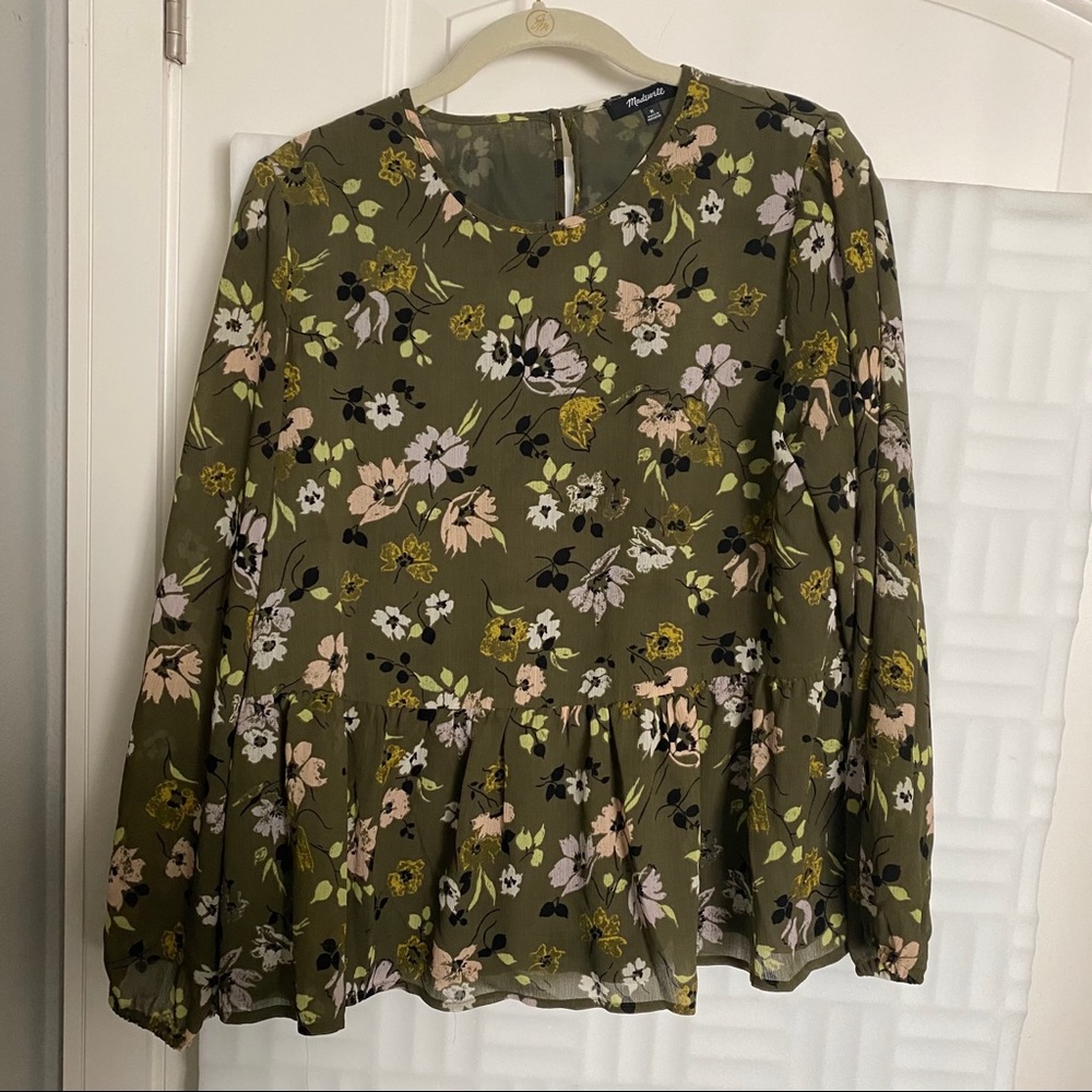 Madewell peplum long sleeve green floral top